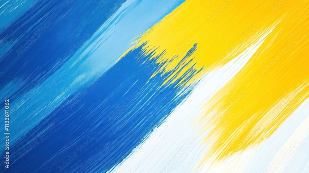 Poster vibrant brush strokes create dynamic abstract art. blue, yellow colors blend in bright sunny day. id