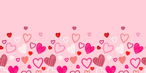 Colorful doodle seamless heart pattern on pink background. Valentines seamless pattern for background banner textiles.