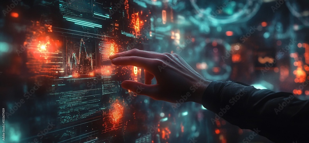 Poster A hand interacts with a digital interface displaying data and analytics.