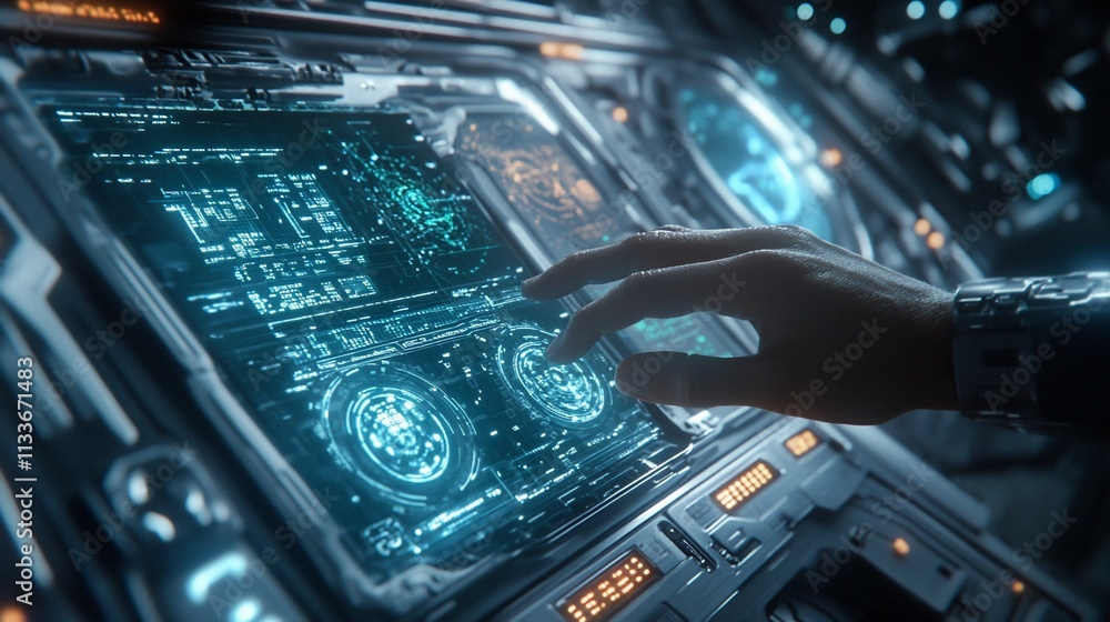 Poster A hand interacting with a futuristic control panel displaying data.