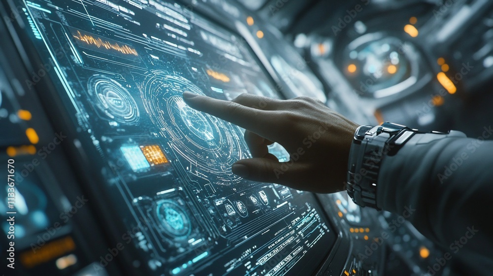 Fototapete a hand interacts with a futuristic touchscreen interface displaying data.