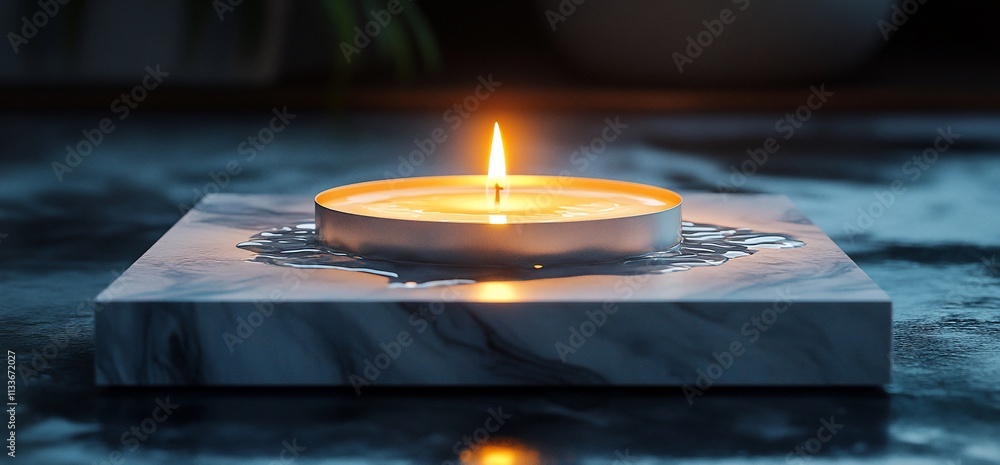 Poster a lit candle on a marble base, creating a warm and calming atmosphere.