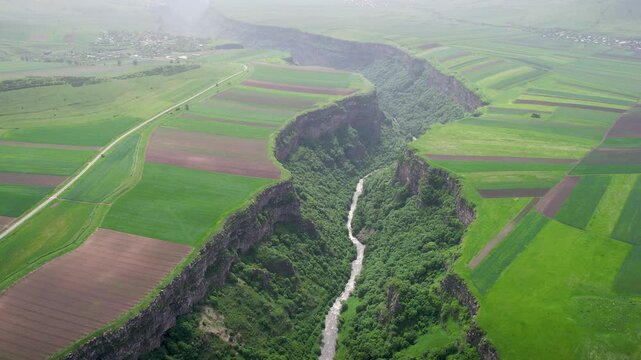 Drone footage of Dzoraget canyon on a spring day. Yaghdan village, Armenia.