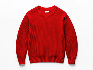Red knitted sweater on white background. Flat lay style. Warm cozy winter garment. Fashionable fall attire. Simple design. Perfect for autumn. Great for clothing store fashion brand. Versatile piece
