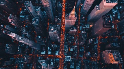 Aerial view of city skyscrapers at night.