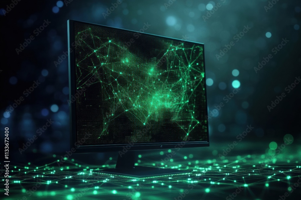 Poster A glowing network grid overlays a monitor icon in green, illustrating digital connectivity and technological support in a dark setting. Generative AI