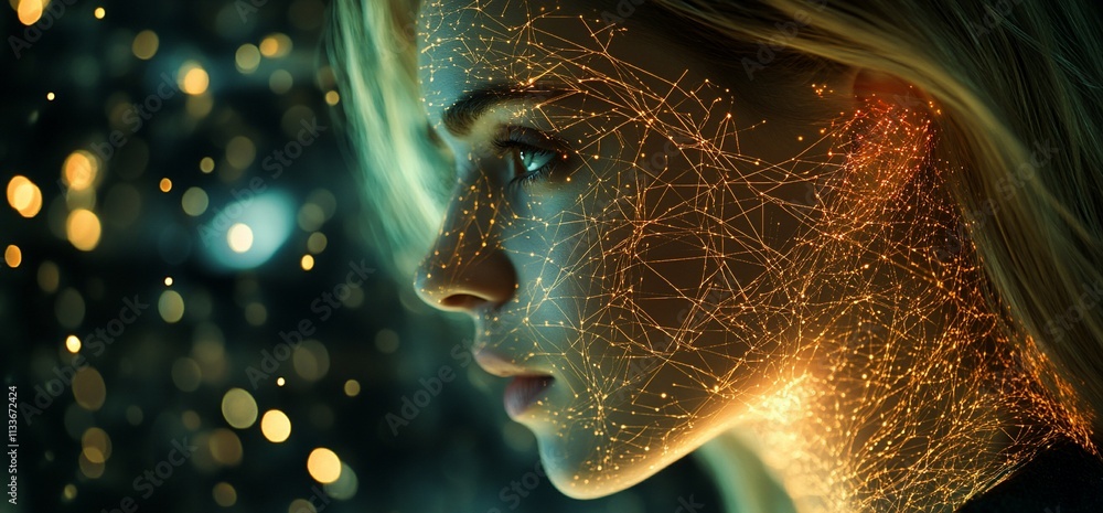 Poster a profile of a woman with a digital network overlay, symbolizing connection.