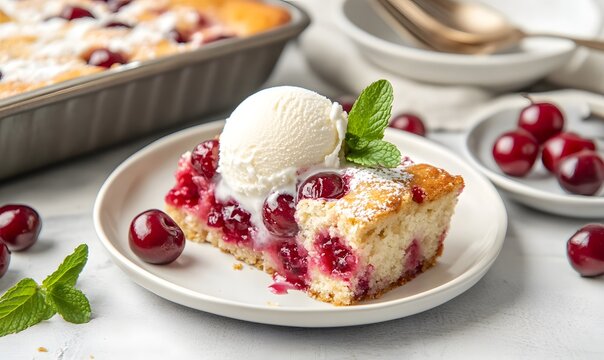 A beautifully plated slice of cherry dump cake topped with vanilla ice cream, Generative AI