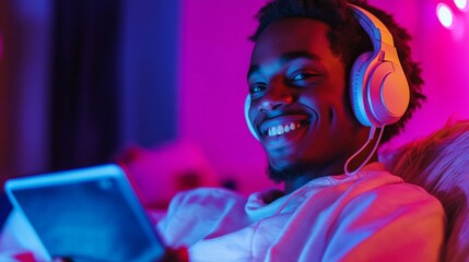 Smiling Man with Headphones Using a Tablet in Neon Lighting