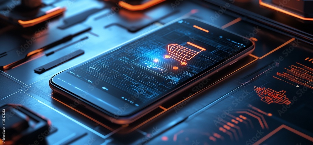 Poster A smartphone displaying a digital shopping cart on a tech-themed background.
