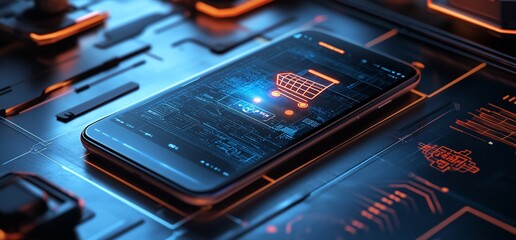 Obraz premium A smartphone displaying a digital shopping cart on a tech-themed background.
