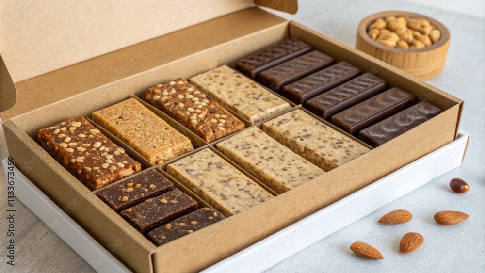 Poster Closeup of a snack box filled with neatly stacked nut bars each with a unique surface texture