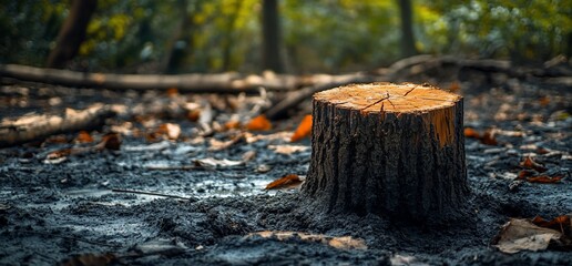 Obraz premium A tree stump in a forest setting, surrounded by fallen leaves and soil.