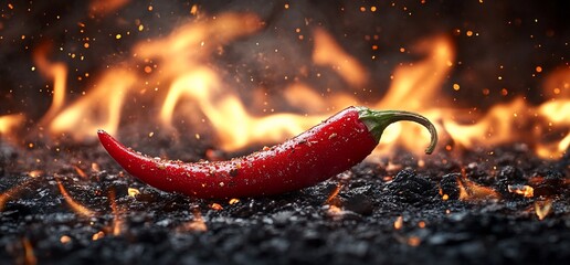 A vibrant red chili pepper sits on a dark surface with flames in the background.