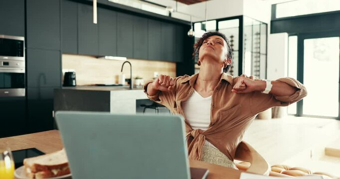 Remote work form home, stretching and woman with laptop, tired and fatigue with deadline. Person, freelancer and entrepreneur with computer, resting and completed project with relief and exhausted