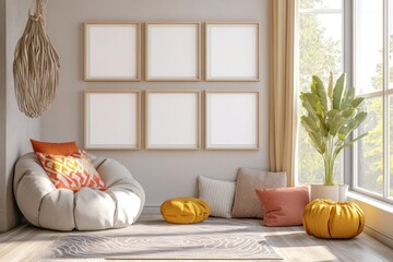 Six blank picture frames artfully arranged on a wall in a modern unisex children's room. The decor showcases a neutral color scheme with fun accents that create an engaging environment. A cozy