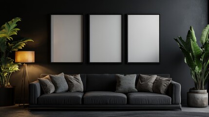 Three blank picture frames arranged on a feature wall in a modern dark interior filled with contemporary elegance. The space showcases a luxurious sofa, stylish lamps, and rich textiles. Natural
