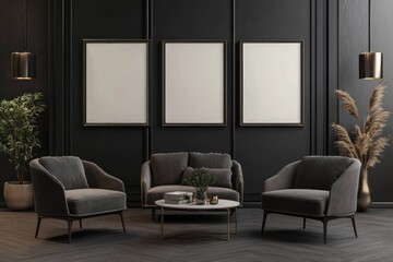 Three blank picture frames elegantly positioned in a modern dark interior that exudes sophistication. The space features plush seating arrangements and stylish decor elements, all complemented by