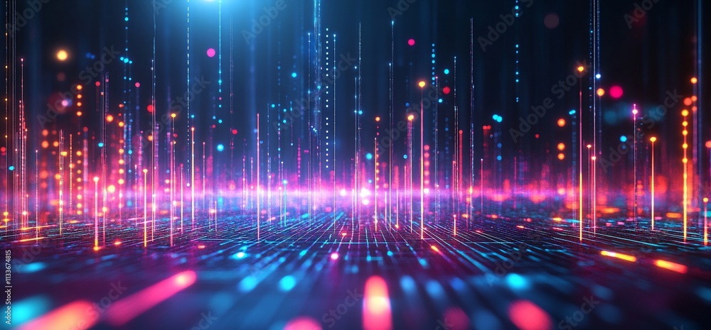 Poster Abstract digital landscape with vibrant light patterns and data streams.
