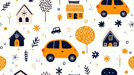 Whimsical child-drawn seamless background with colorful toy cars, cozy homes, and lively elements, perfect for cheerful educational themes