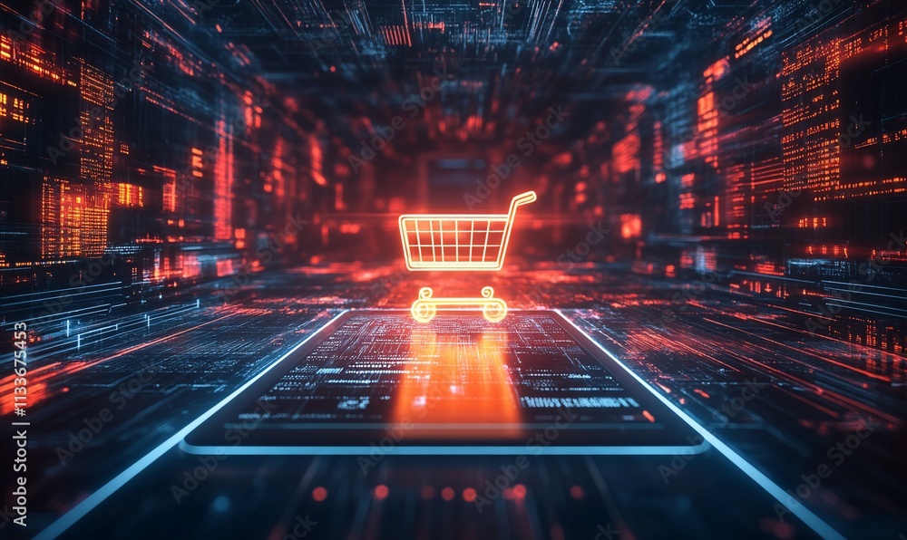Poster digital shopping cart in a futuristic, tech-driven environment.
