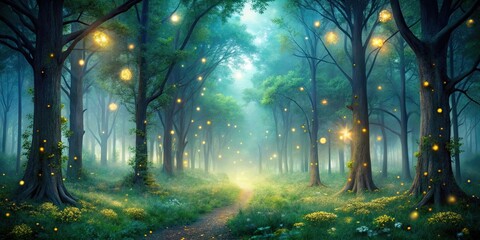 Enchanted forest with glowing fireflies and towering trees in a soft, moonlit atmosphere , forest