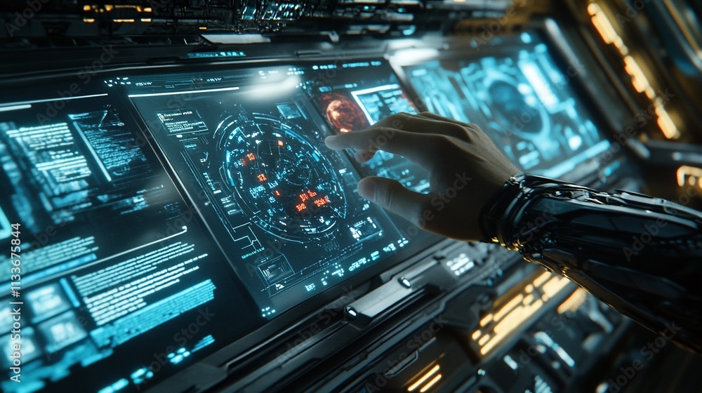 Aufkleber futuristic control panel with a robotic hand interacting with digital displays.