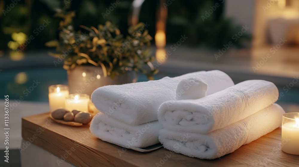 Poster relaxing spa setting with towels, candles, and greenery by a pool.