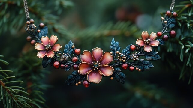 Elegant floral necklace, dark metal, red flowers.