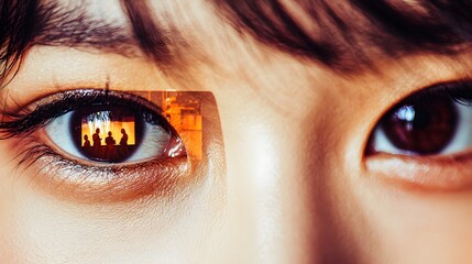Naklejka premium close-up of a woman’s eyes with a double exposure of a political speech event blending into the iris, symbolizing the importance of women in politics. [Women’s]:[politics] 