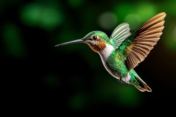 A vibrant hummingbird hovers in mid-air, showcasing its colorful plumage against a blurred green background.