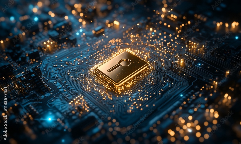 Poster a digital lock on a circuit board, symbolizing cybersecurity and protection.