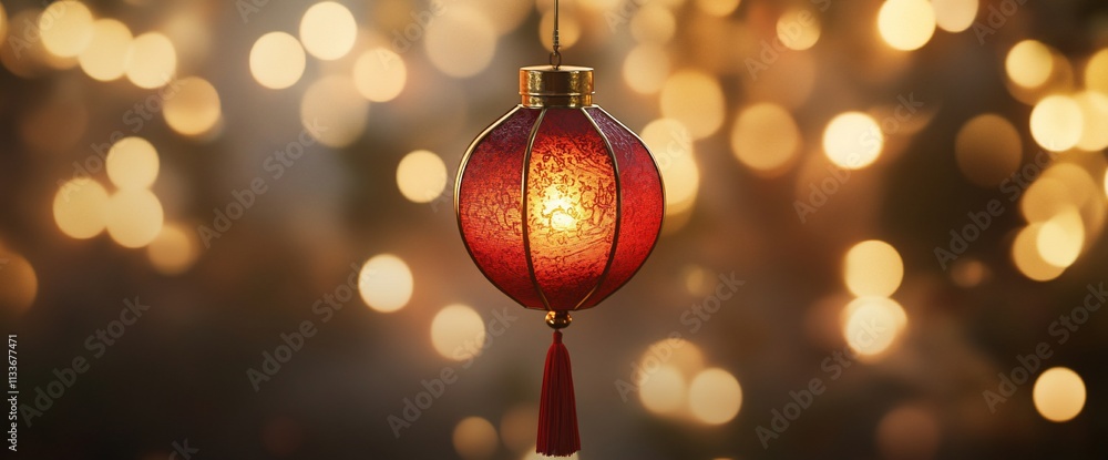 Poster a decorative red lantern glowing against a backdrop of soft lights.