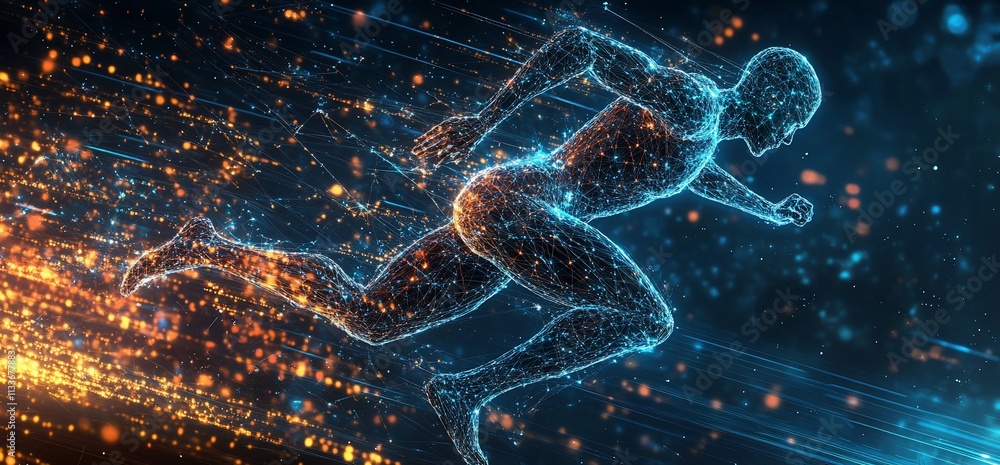 Poster a digital representation of a runner in motion, illustrating speed and energy.