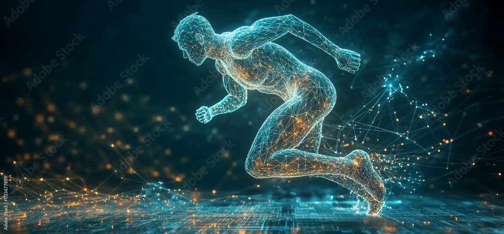 Poster a digital representation of a runner in motion, showcasing technology and energy.