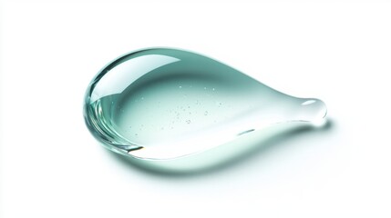 A clear droplet of water rests on a smooth surface, showcasing its elegant shape and reflective qualities.