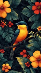 A vibrant illustration featuring a colorful bird amidst tropical flowers and lush foliage.