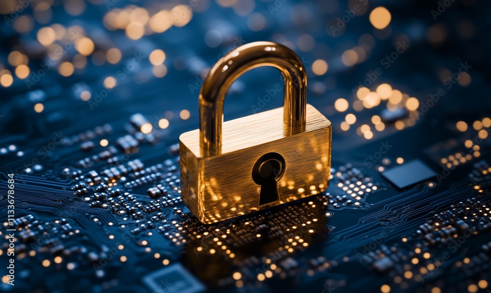 Poster a golden padlock on a circuit board, symbolizing digital security.