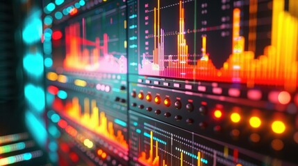 Fototapeta premium Big data analysis displaying colorful graphs and statistics on a futuristic screen, representing complex data visualization and processing in a technological environment