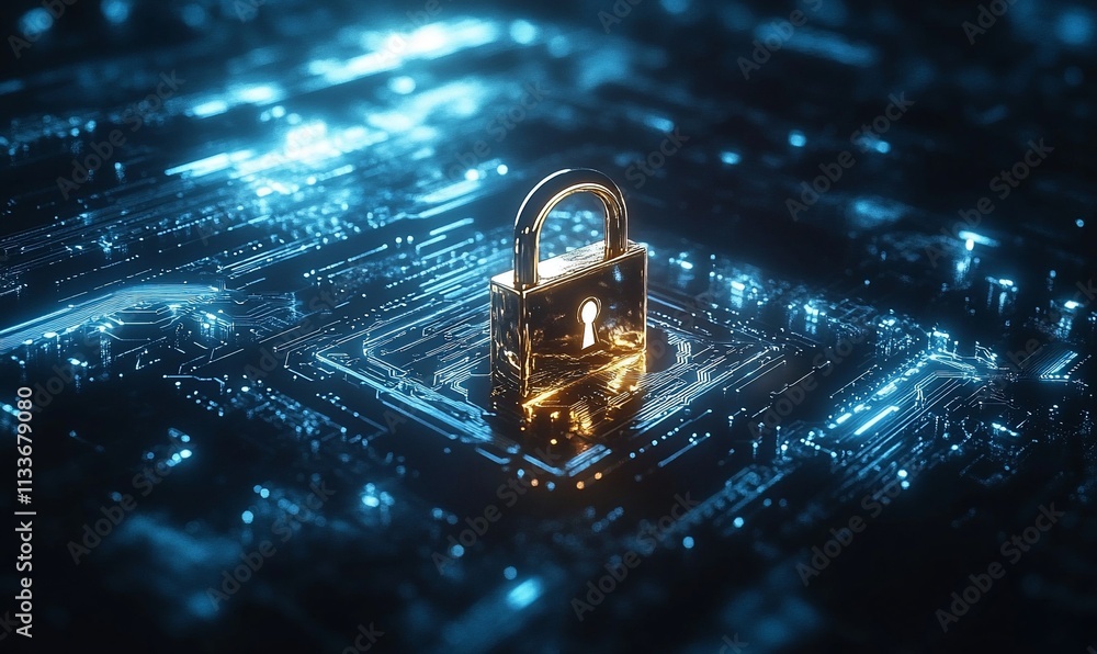 Poster a golden padlock on a digital circuit board background symbolizes security.