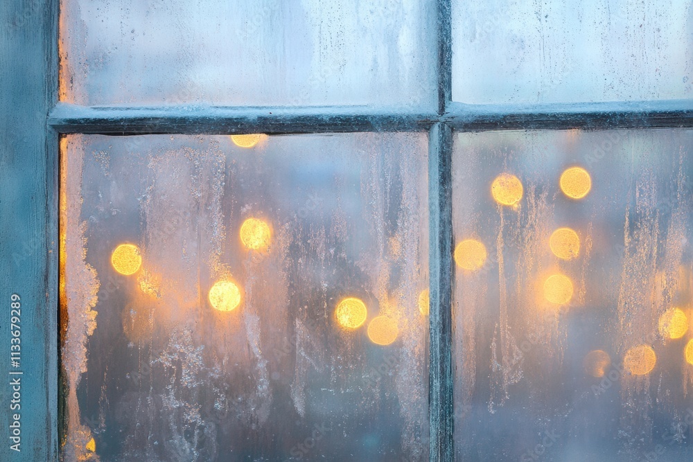 Poster frosted window pane with warm bokeh lights outside, creating a cozy winter atmosphere and inviting r