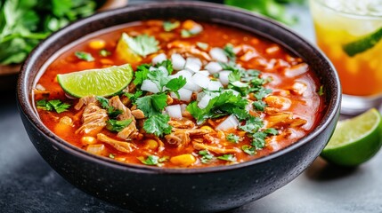 A bowl of traditional menudo soup with tender beef, garnished with chopped onions, cilantro, and fresh lime, highlighting a beloved Mexican dish.