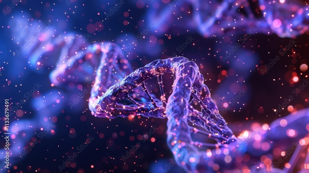 Poster microscopic visualization of a dna double helix rotating, with glowing particles swirling around, cr