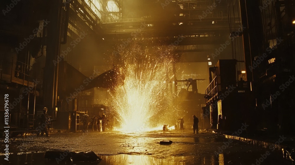 Poster molten metal flows into casting molds in a large industrial hall, creating a vibrant display of flam