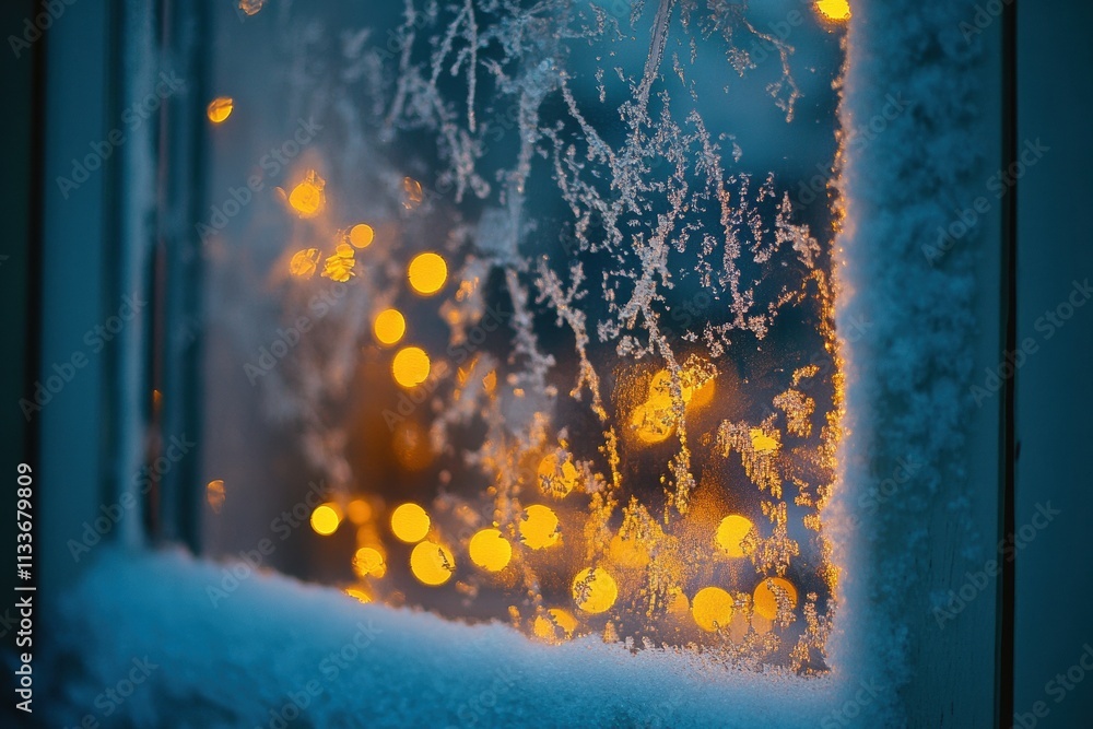 Poster a snowy window with frost patterns and warm glowing lights outside, creating a cozy winter atmospher