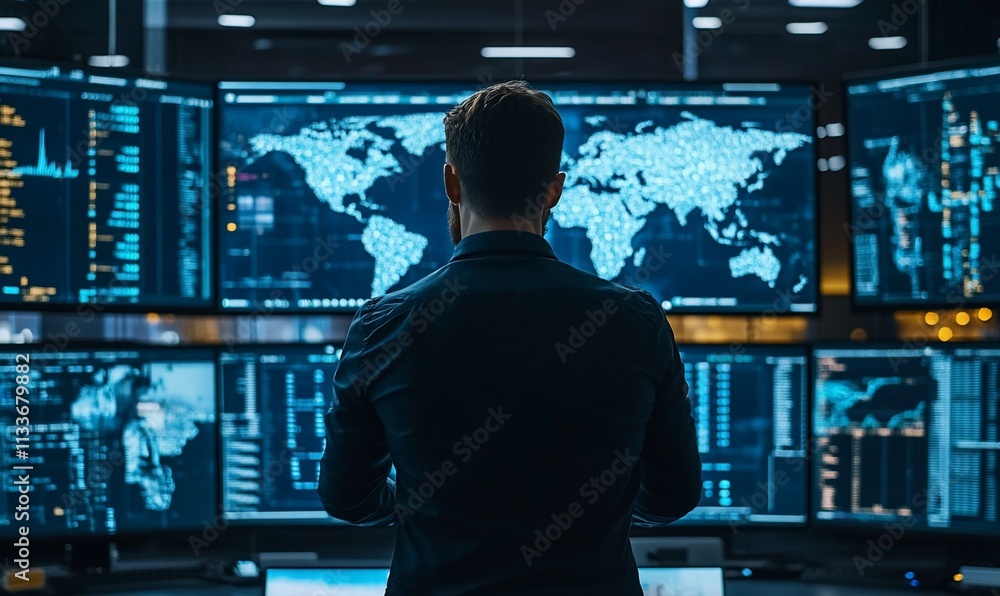 Aufkleber A person analyzes data on multiple screens in a high-tech control room.