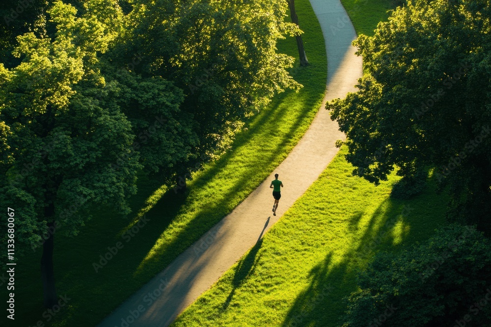 Poster a lone runner navigates a winding path in a lush green park, surrounded by tall trees and dappled su