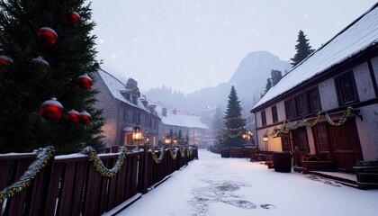 A serene winter village scene featuring snow-covered buildings, festive decorations, and a tranquil atmosphere.