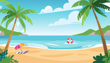 Beach scene with palm trees and lifebuoy vector illustration.