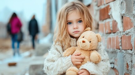 A young child in worn clothing holding a teddy bear, standing against a weathered brick wall, symbolizing the struggles of poverty and the need for awareness and support.